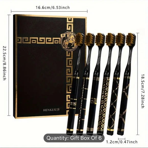 6pcs Luxury Black & Golden Soft Bristle Toothbrushes for Adults - Gentle - Picture 2 of 4